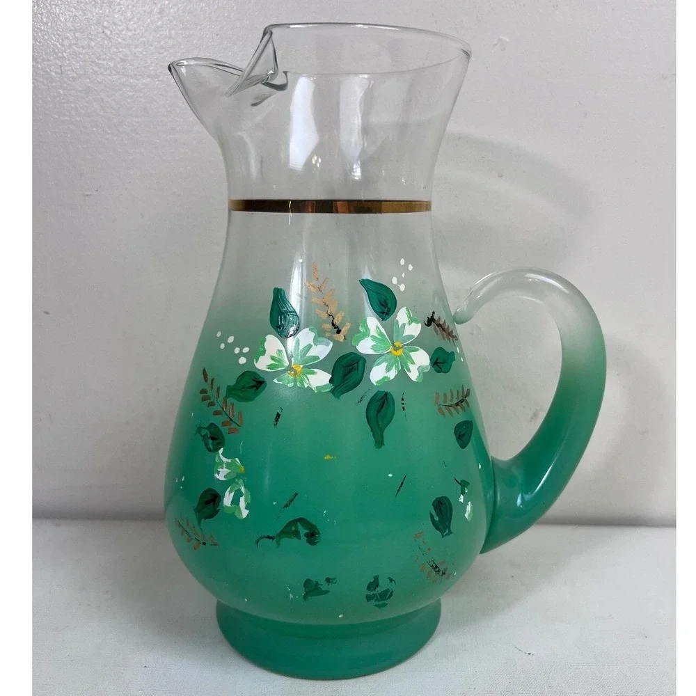 Vintage Floral Pitcher Green Ombre Glass Gold Trim Blendo?‎ West Virginia?